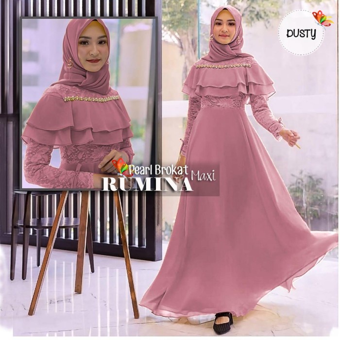 Gamis wanita GAMIS PESTA TERBARU BAJU MUSLIM WANITA RUMINA DRESS BROKAT - Merah Muda Gamis wanita te