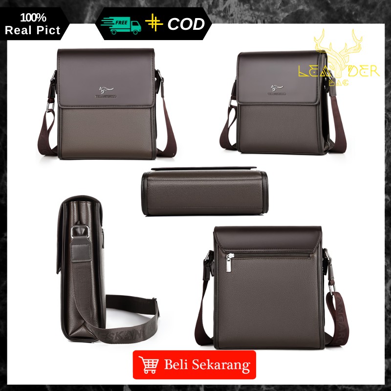 Tas Selempang Pria Kulit Asli Original New Kangaroo Kingdom Warna Hitam Dan Coklat Model Terbaru B05