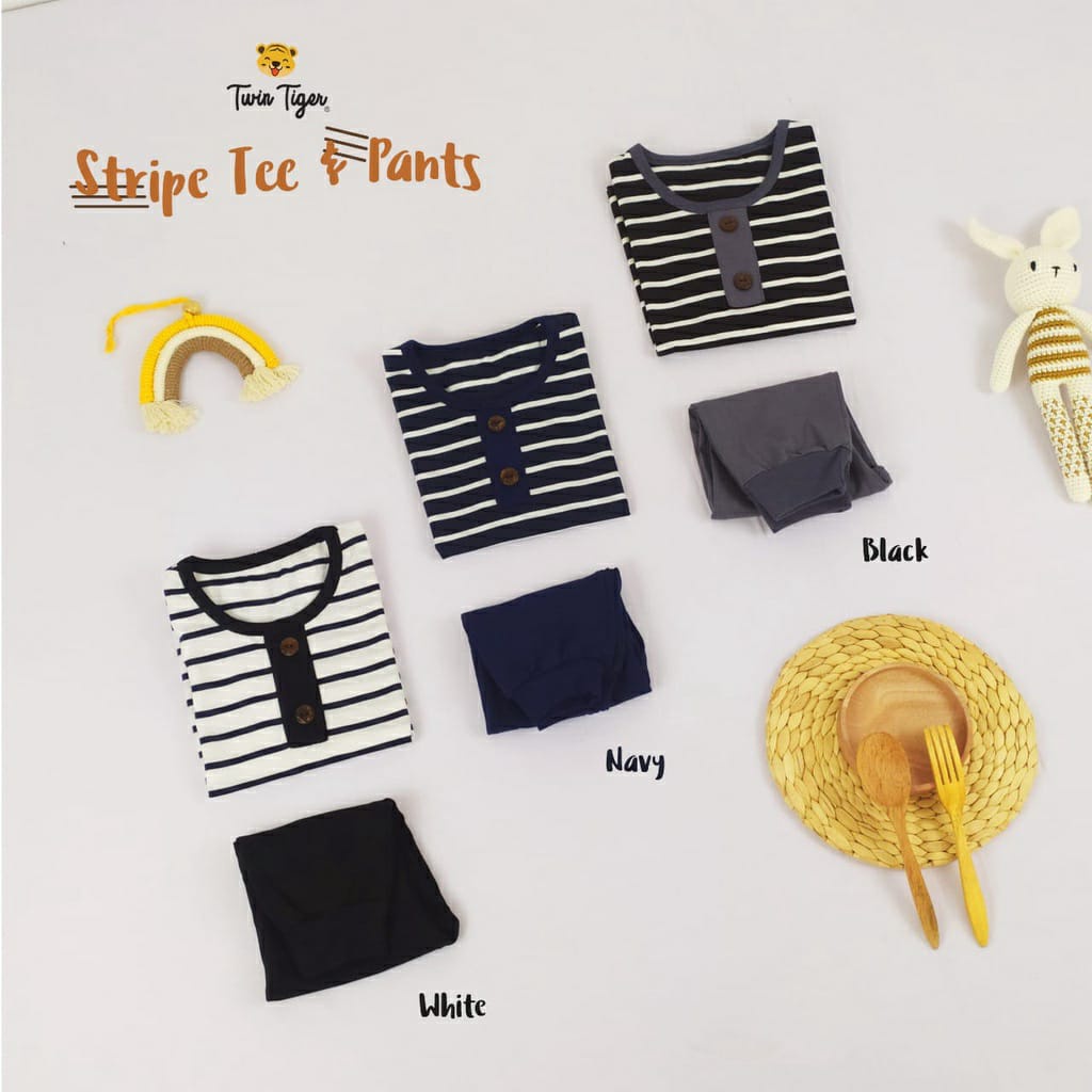 TWIN TIGER SETELAN PENDEK + PANJANG SET ANAK STRIPE TEE BAJU ANAK GARIS 1 - 5 TAHUN