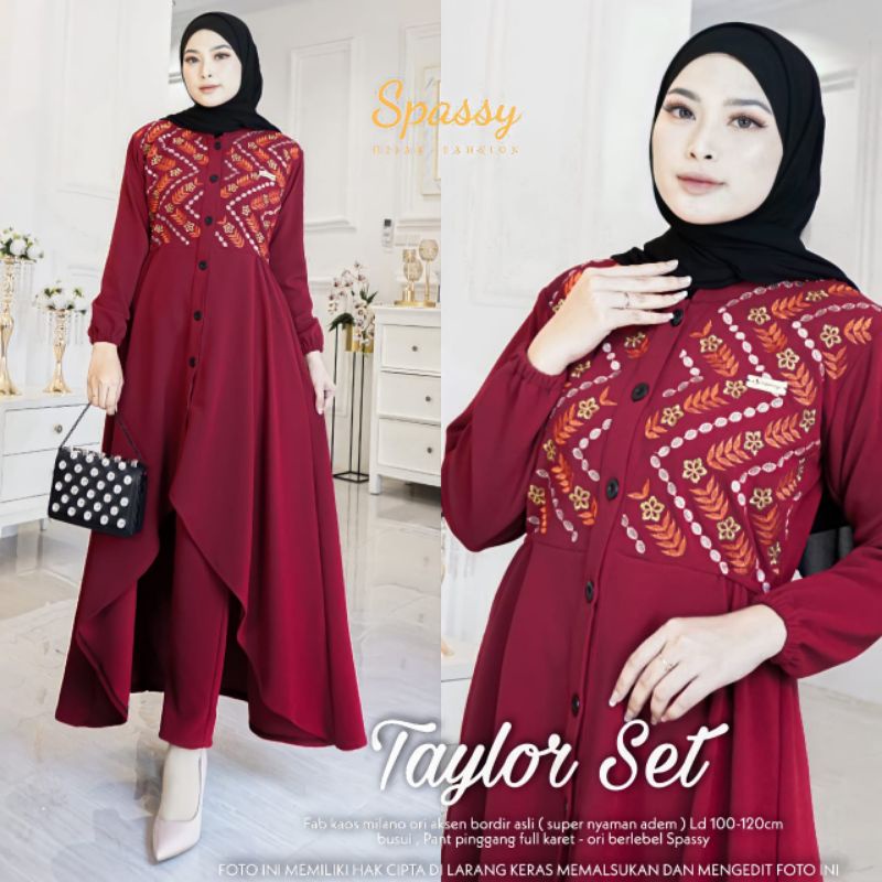 Cod TAYLOR SET/baju muslim set celana/gamis motif bordir/setelan jumbo ld 100-120/gamis milano melar
