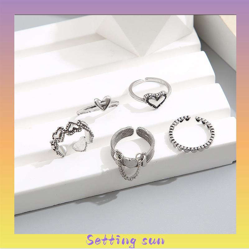 5pcs / Set Cincin Jari Telunjuk Model Terbuka Desain Hati Hollow Gaya Retro TN