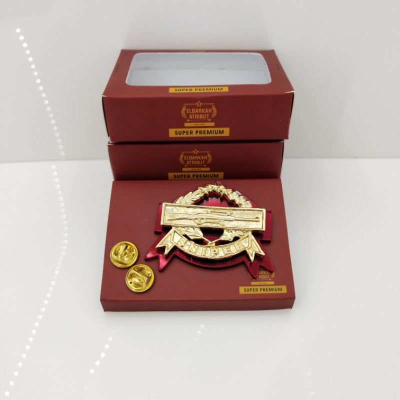 PIN POLRI SNIPER PANJANG AKRILIK MERAH GOLD PLATED SUPER PREMIUM