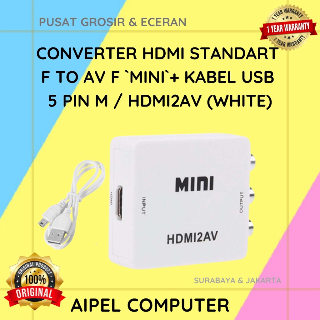 HDMI2AV | CONVERTER HDTV STANDART FEMALE TO AV FEMALE `MINI`+ KABEL USB 5 PIN MALE / HDMI2AV (BLACK/WHITE)