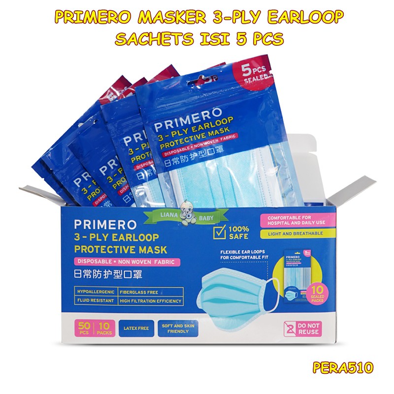 PERA510 MASKER WAJAH PRIMERO EARLOOP 3PLY SACHET ISI 5 PCS