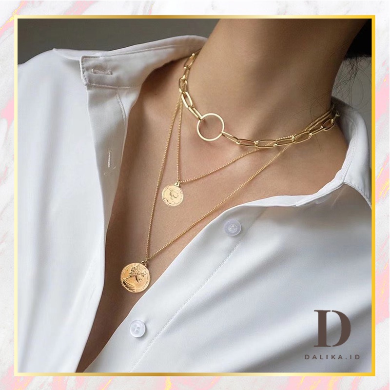 Kalung Wanita Choker Multilayer Pendant Liontin Koin Cantik Fashion Korea Dalika