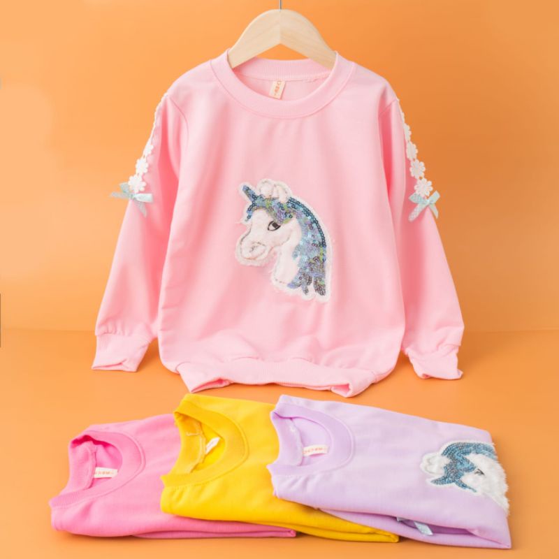 Kaos Anak Perempuan Import 4-11 Tahun Sweter Anak Import 100% APLIKASI BULU USAP RENDA