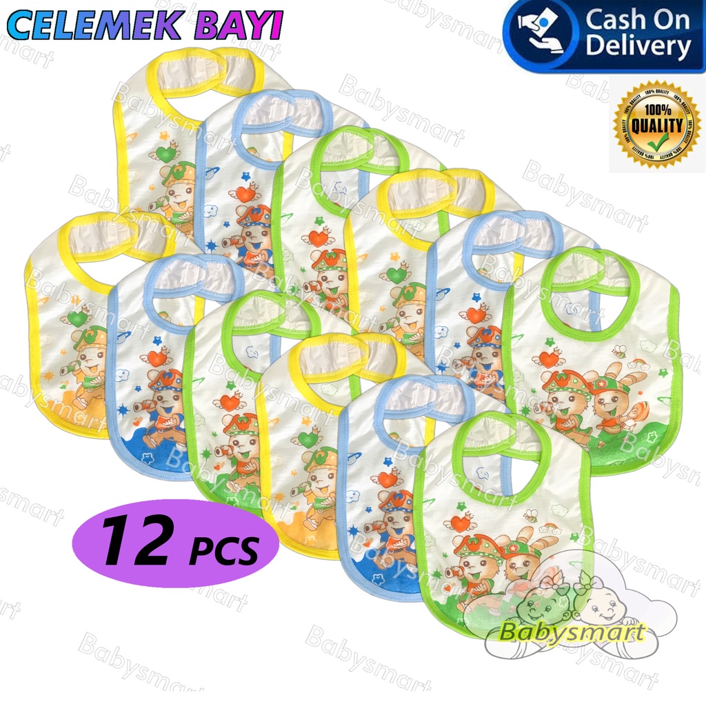 Babysmart - 12 Pcs Celemek makan bayi/Slaber Bayi/Tatakan iler liur/Tatakan Makan Bayi Motif Sablon