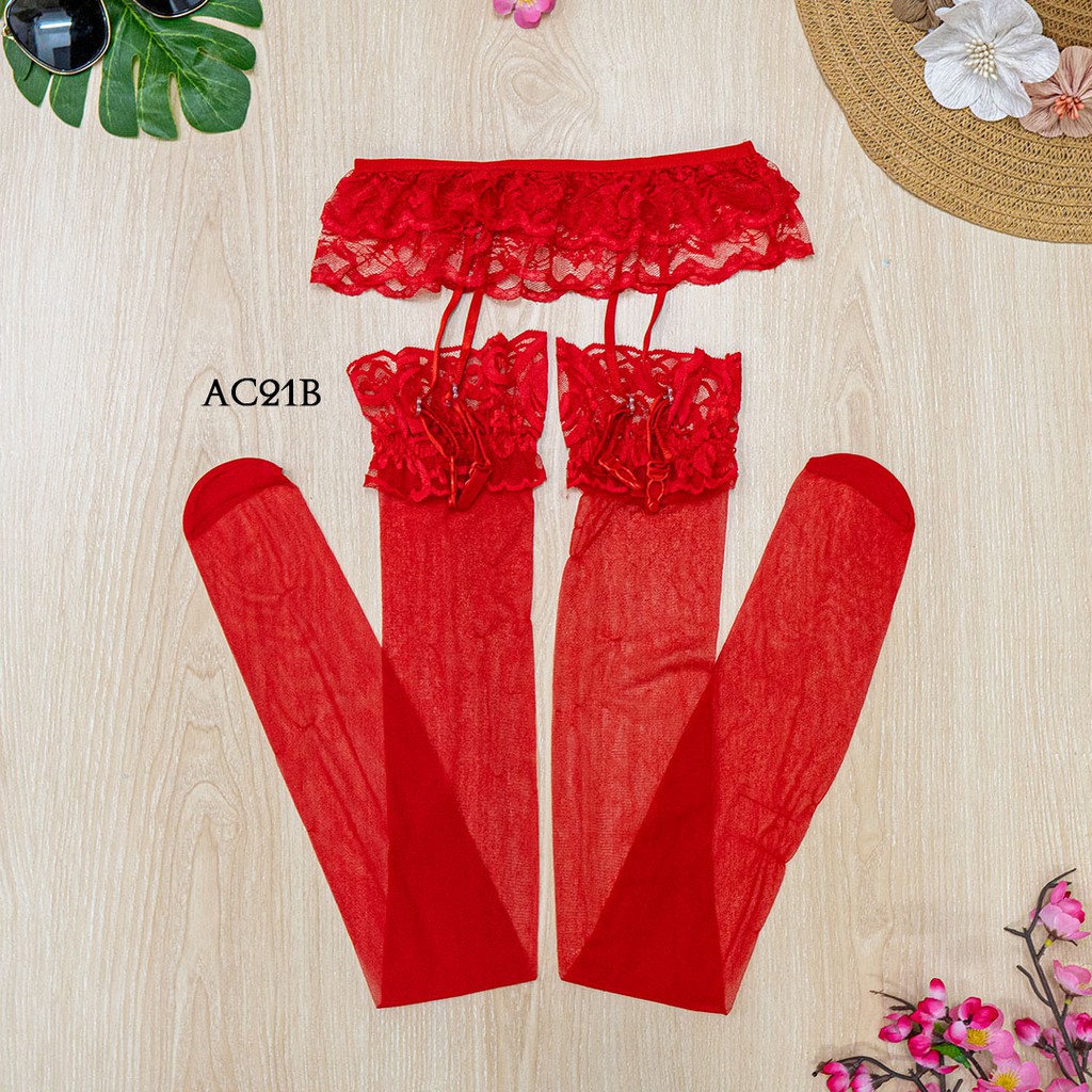 [PRODUK FAVORIT] SABUK PAHA GARTER BELT + STOCKING LEGGING TRANSPARAN MERAH AC21B