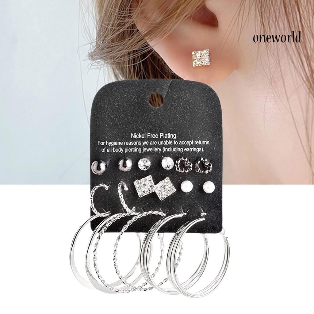 OW@ 9 Pairs Earring Rhinestone Inlaid Jewelry Gift Alloy Stud Hoop Earrings Set for Dating