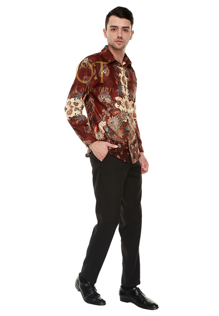 [batik pandawa OT] Kemeja batik pria velvet varian warna - Cokelat Atasan Pria