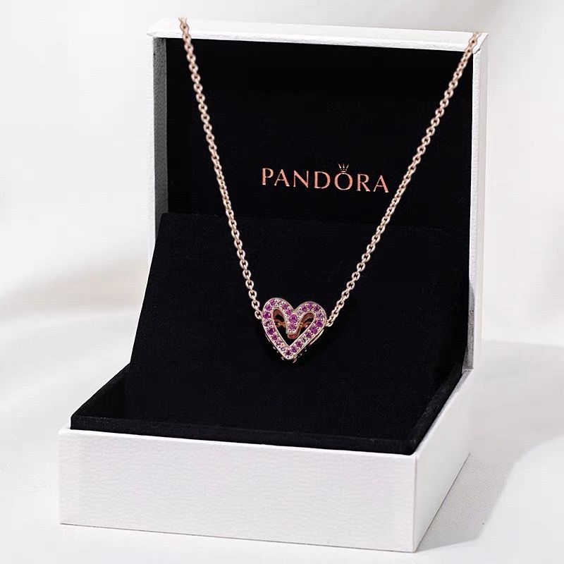 Pandora Kalung 925 Silver Rose Gold 18K Dengan Liontin Hati Aksen Berlian Kubik Zirkonia Untuk Wanita