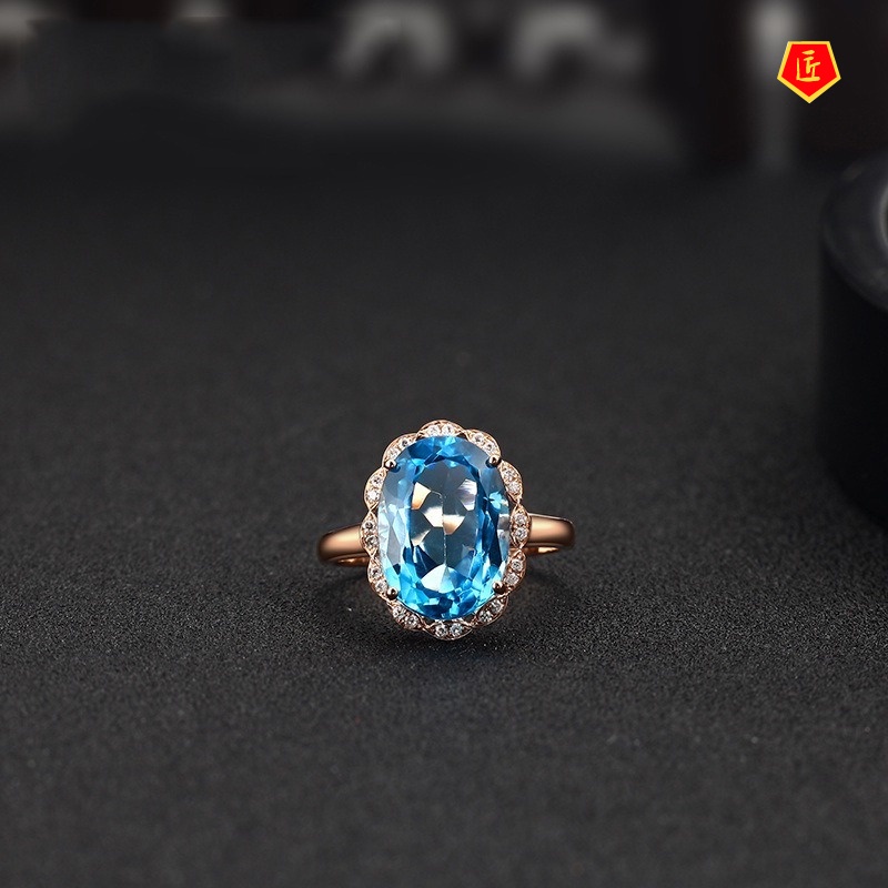 [Ready Stock]Simple Elegant Colored Gems Blue Topaz Ring