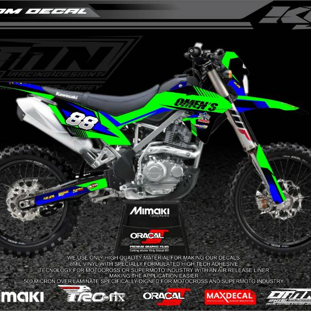 Decal klx bf desain terbaru warna hijau kombinasi biru bebas custom nama dan nomor