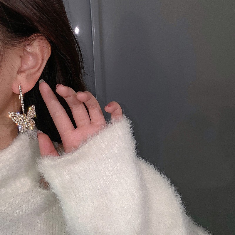 Fashion Luxury Gold Color Full Diamond Butterfly Pendant Earrings/ High-end Exquisite Geometric Alloy Eardrop