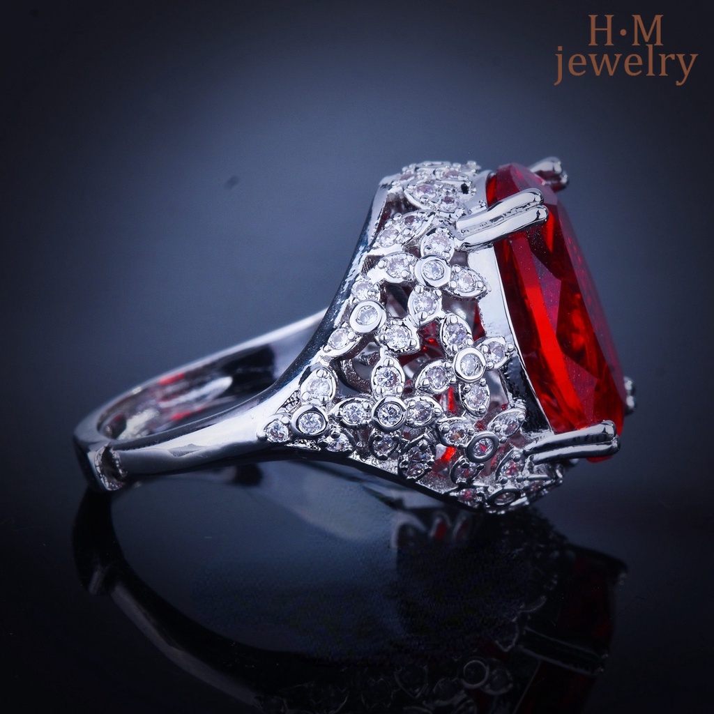 Cincin Berlian Ruby Besar Bahan S925 Silver