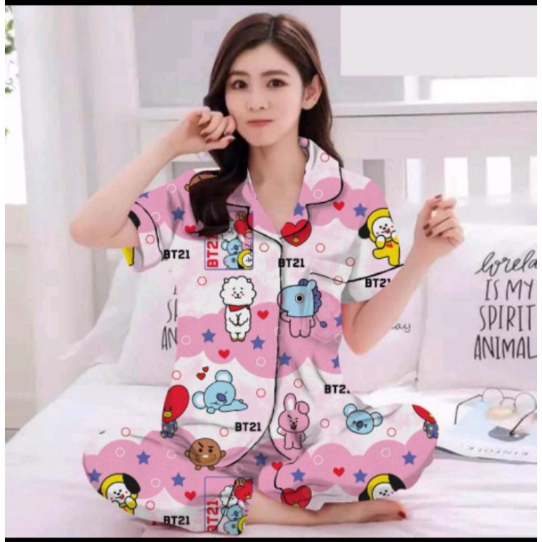 BAJU TIDUR PIYAMA DEWASA CP MOTIF BTS/BT21 BAHAN KATUN
