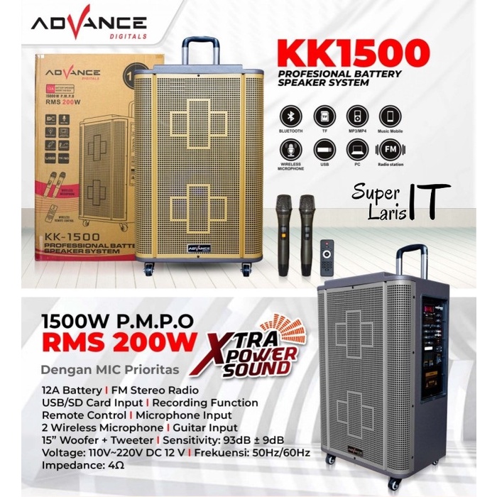 Speaker Portable Profesional Advance KK1500 KK 1500 15" Free 2Mic Wireless