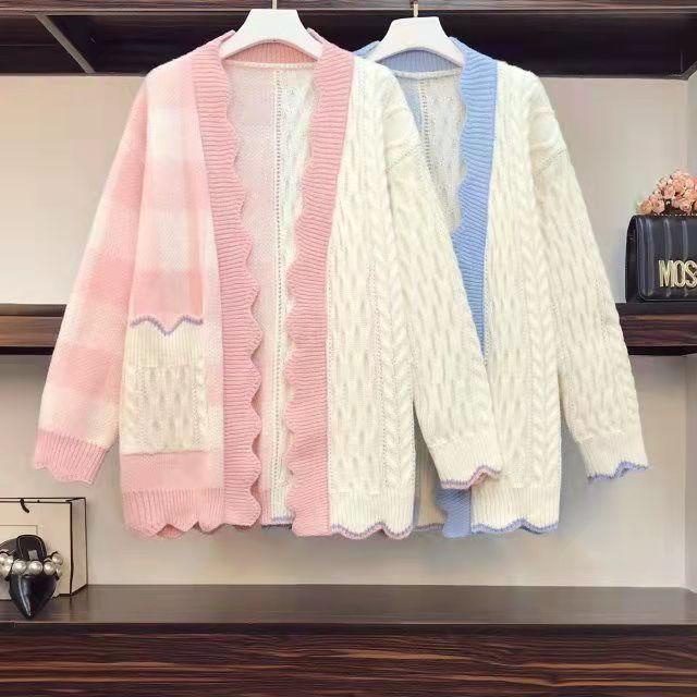 [littlecrab] Cardigan Oversize Biru Putih Knit Two Tone Korea Outer Rajut Gingham Import Berkualitas Korean Style