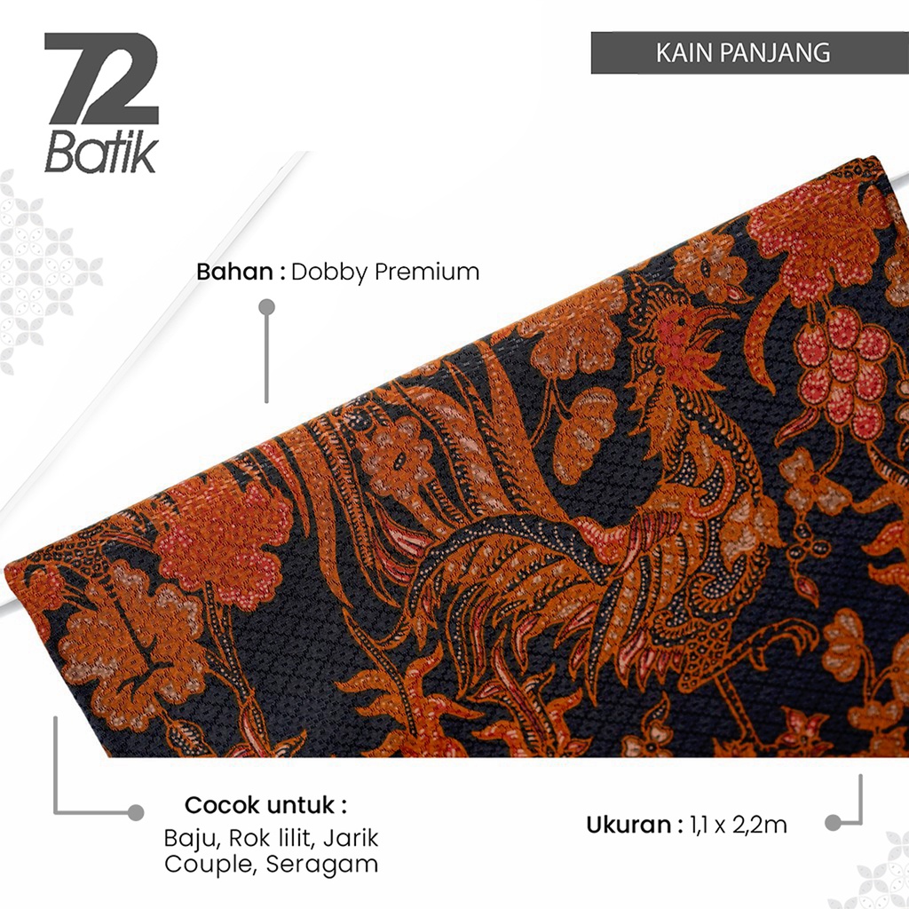 KAIN BATIK PREMIUM Bahan Dobby Motif Jago Alas Warna Hitam Black Orange 725803 CAP 72 - Jarik Jarit Samping Kebat Panjang Batik Dobby Modern Premium Bahan Seragam Batik Pernikahan Kantor Keluarga Murah Kamen Jadi Batik Bali Lembaran