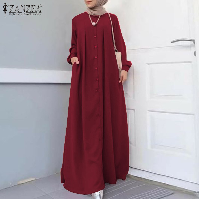 ZANZEA Women Solid Color Side Pockets Button Cuffs Muslim Maxi Dress