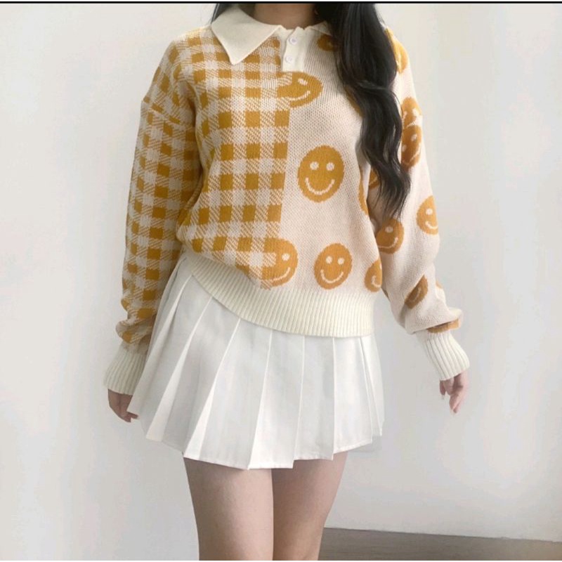 Moonella Fashion SMILE POLO SWEATER / SWEATER KOREA / atasan wanita / atasan korea