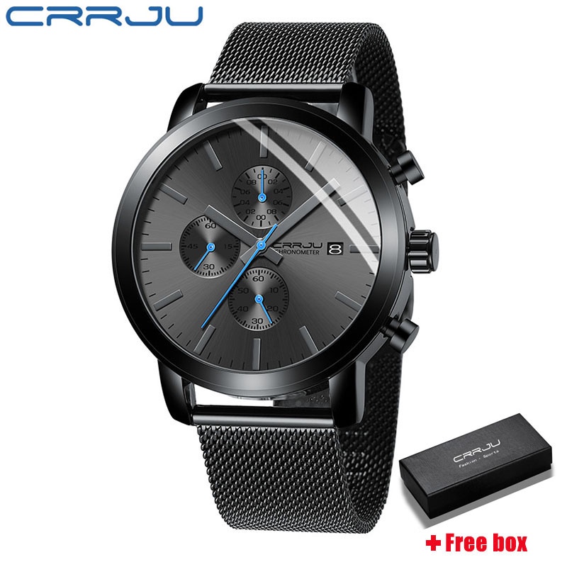 CRRJU Jam Tangan Pria Fashion Sport Quartz Mewah Anti Air+Kronograf Olahraga Stainless Steel Jam Tangan Cowok