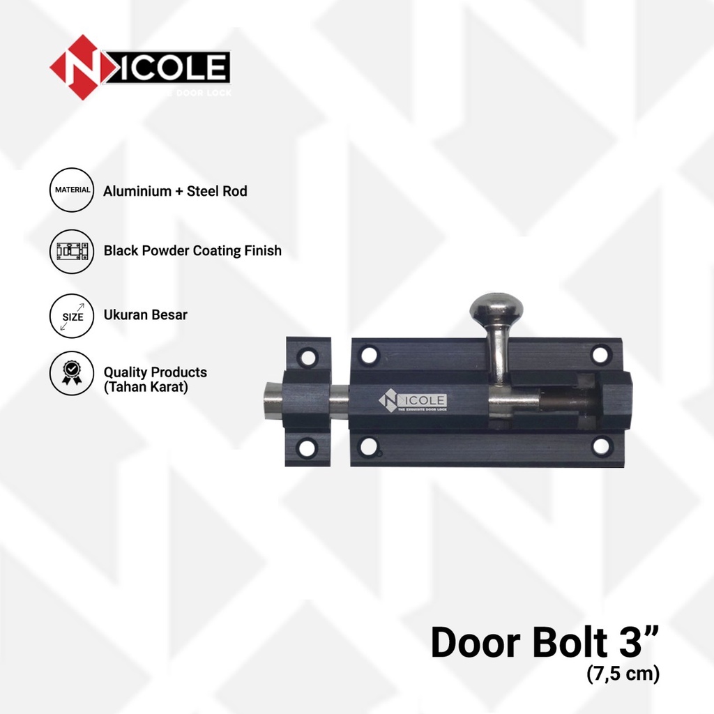 Nicole Grendel Slot Pintu Bulat Segi 6 / Hexagon Door Bolt Black/ 3 Inch