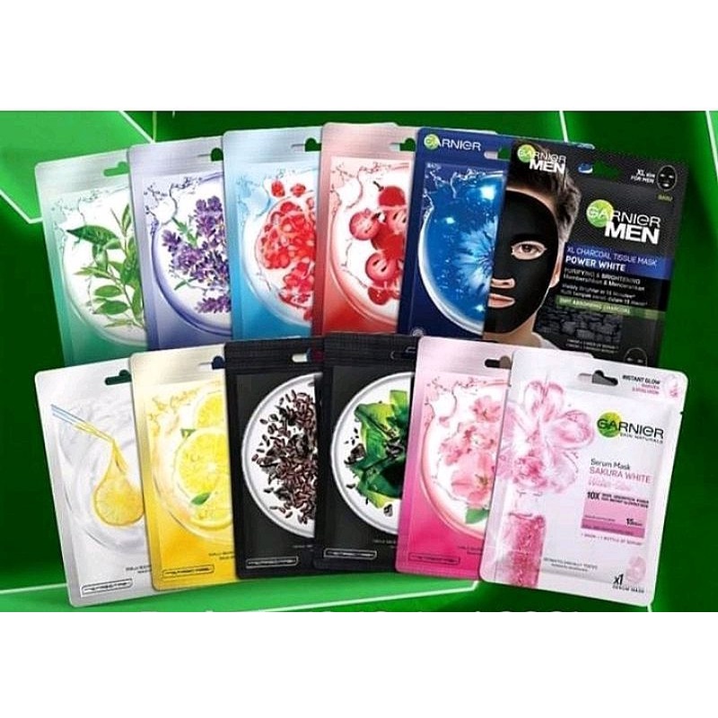 Garnier sheet mask berbagai varian light complete/ sakura white/ sakura glow/ bright up/ green tea/ algae/ hydra bomb mask