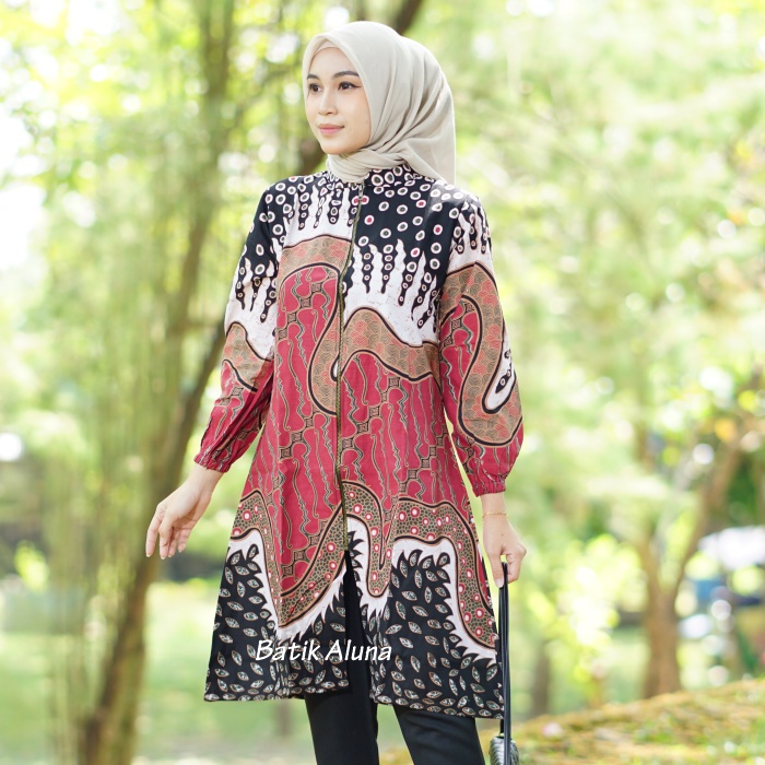 Batik Wanita Modern Tunik Premium Lengan Panjang Atasan Batik Kantor Wanita Dewasa Terbaru Kekinian Resleting Full Furing Baju Batik Couple Wanita Modern Jumbo Lengan Panjang FASHION BATIK ALUNA