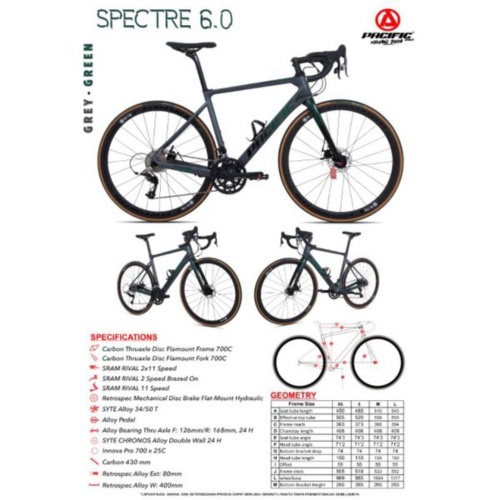 Promo Sepeda Balap Road Bike Pacific Spectre 6.0 Size 45 48 51 Full Carbon TA Disc Brake Sram Rival 