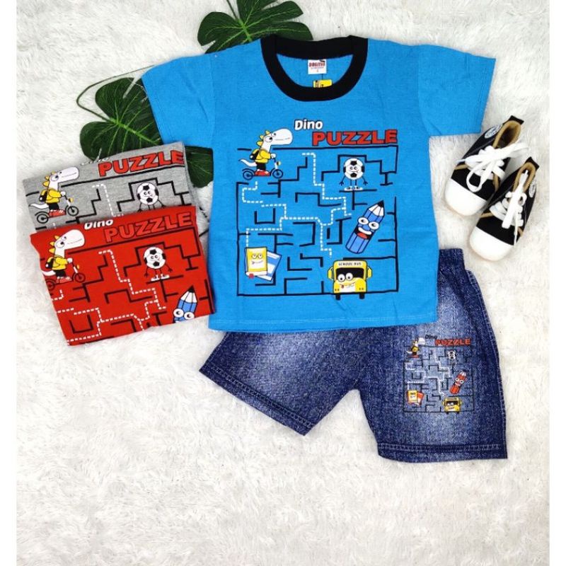 SETELAN BAJU ANAK LAKI LAKI USIA 2-4TAHUN GAMBAR DINO PUZZLE//SETELAN BAJU ANAK LAKI-LAKI SEMI JEANS