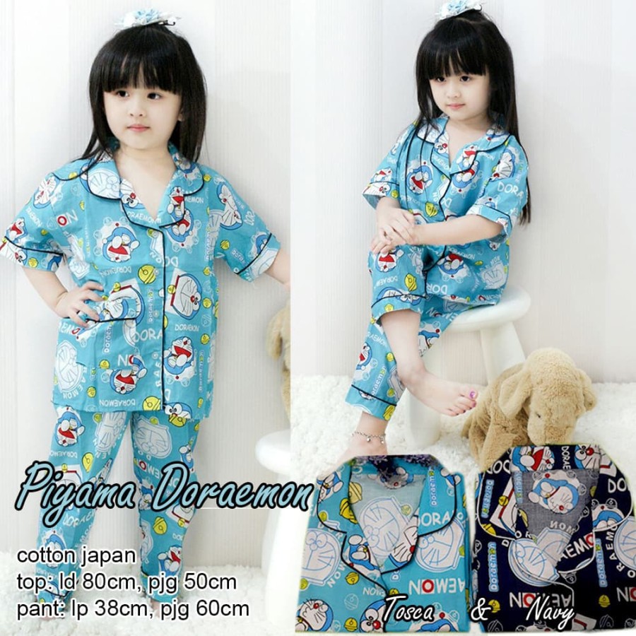 FMJ 255 Setelan Set Piyama Doraemon Navy Pakaian Baju Tidur Anak Perempuan Wanita Cewek Katun Jepang