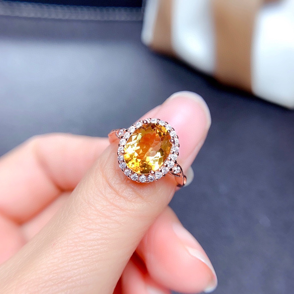 perak 925 wanita Cincin Batu Permata Oval Kuning