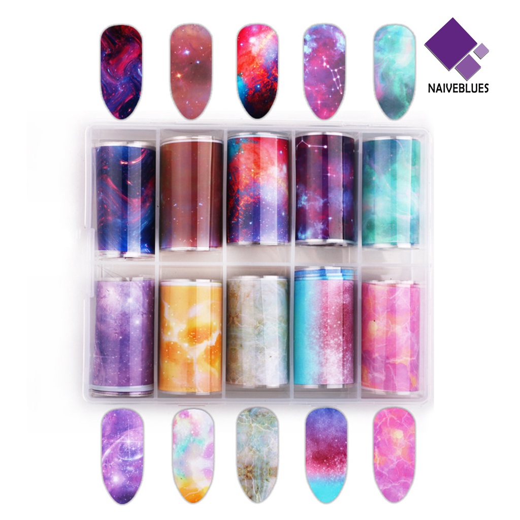 Naiveblue 10Pcs / Kotak Stiker Kuku Transfer Motif Bunga / Aurora / Langit Berbintang Untuk Dekorasi Nail Art / Manicure