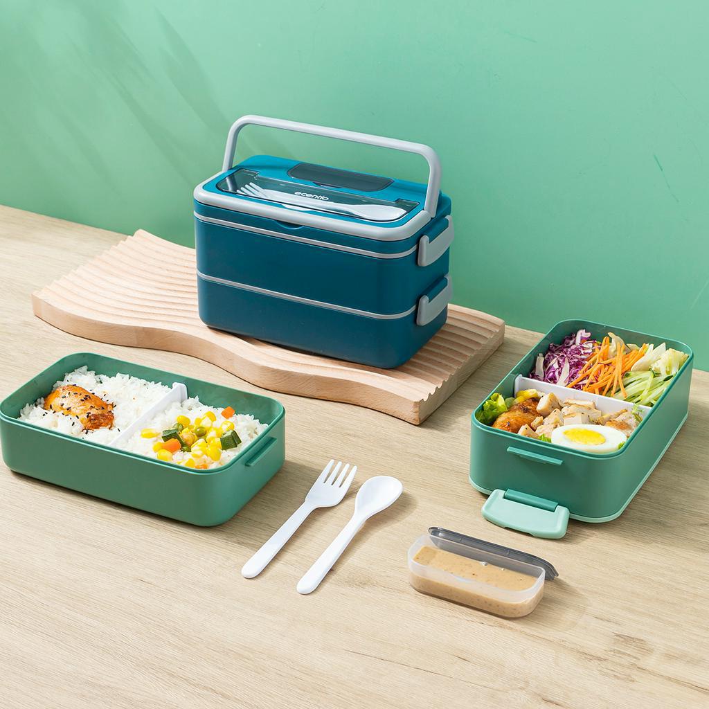 lunch box set 2 layers 1600ml kotak makan anti tumpah with wadah saus Free cutlery sendok garpu