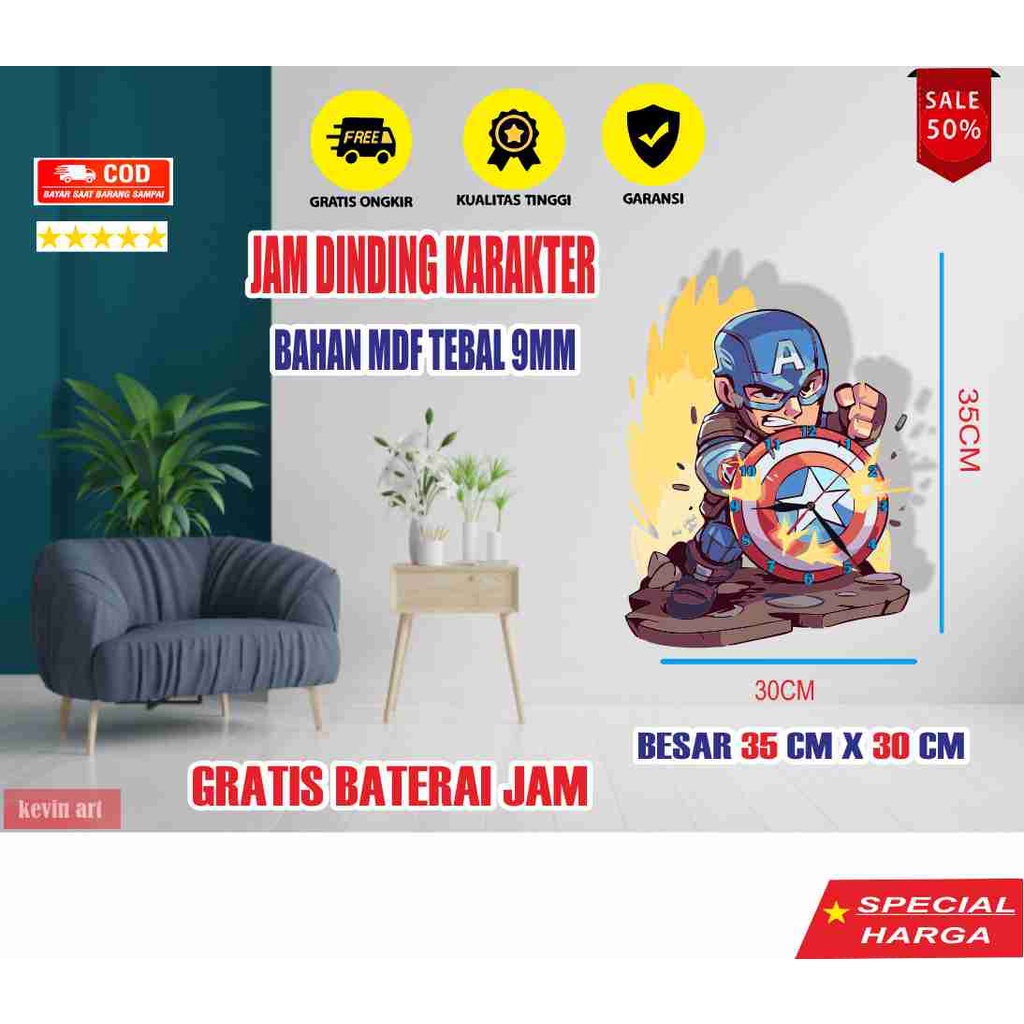 JAM DINDING KARAKTER CAPTAIN AMERICA UNIK BESAR KAYU VINTAGE SOUVENIR JAM CAFE HADIAH KADO ULANG TAHUN Kevinart