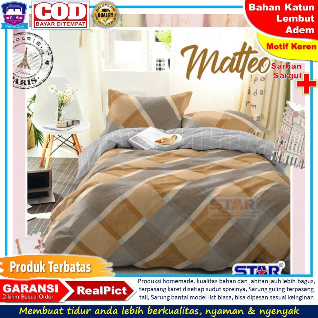 Sprei motif kotak hitam matteo coklat brown seprai pria original terbaru 2021