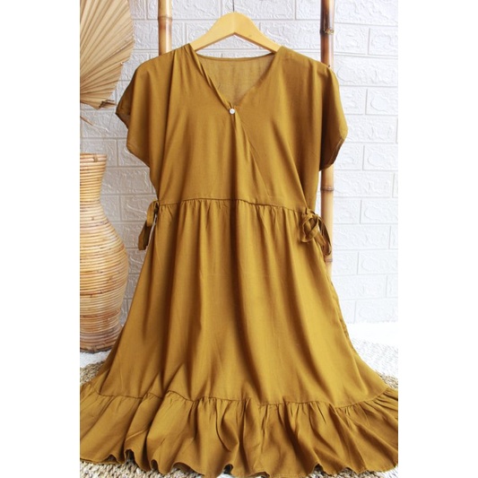 Daster Kimono Pendek || Daster Kimono Polos || Dres Kimono || Daster Rayon || Daster Rayon Busui || Daster Ruffle Busui-OLIVE TERANG