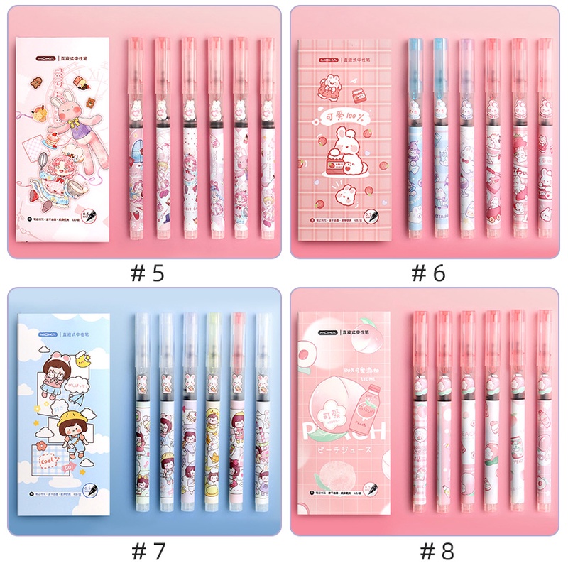 6pcs Pen Gel Cair 0.5mm Motif Kartun Tinta Hitam