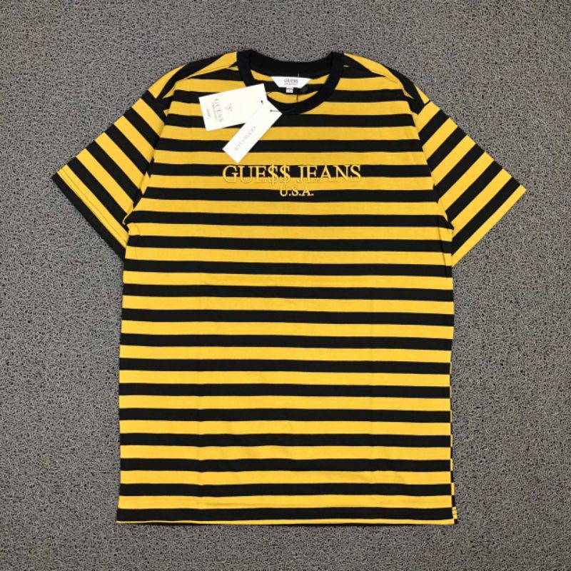 TSHIRT KAOS BAJU GUESS X ASAP ROCKY STRIPE BLACK IN YELLOW LIKE ORI