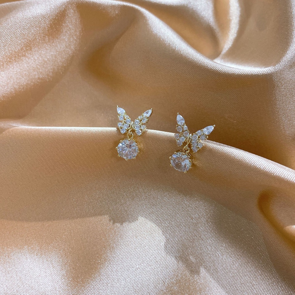 Anting Stud Desain Kupu-Kupu Lukisan Minyak Berlian Bahan S925 Silver