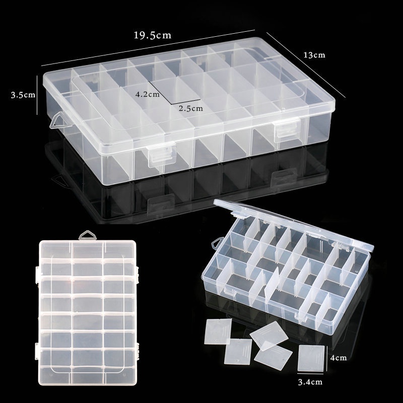 Kotak penyimpanan plastik persegi panjang yang dapat disesuaikan 24 slot 19.5x13x3.5cm