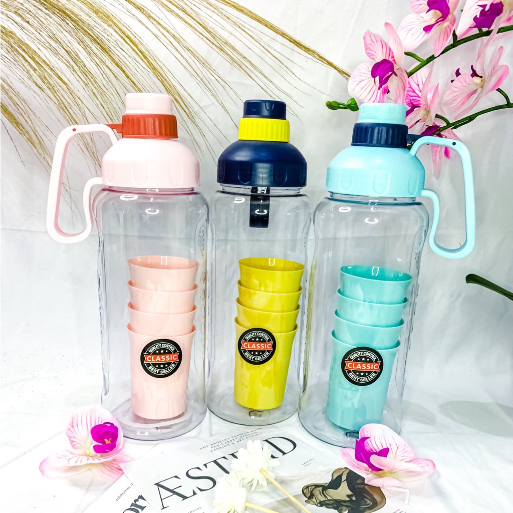 Botol Minum Plastik Transparan Set 4 in 1 Gelas / Teko Pitcher Kapasitas 2.2L Praktis Termurah