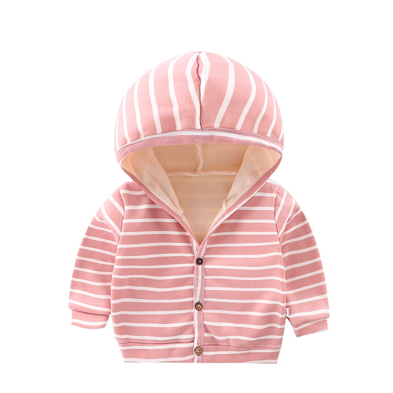 Jaket Hoodie Anak Bayi Perempuan Laki Laki Import Katun Fleece Premium Model Kancing Motif Garis 0 1 2 3 tahun