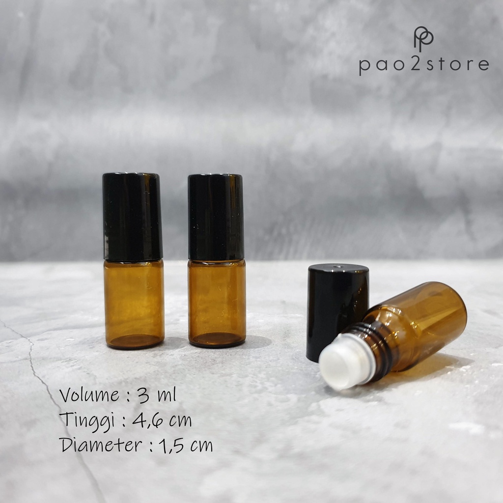 Botol Roll On 3ml Kaca AMBER - Essential Oil / Parfum - Refillable Travel Size Roller