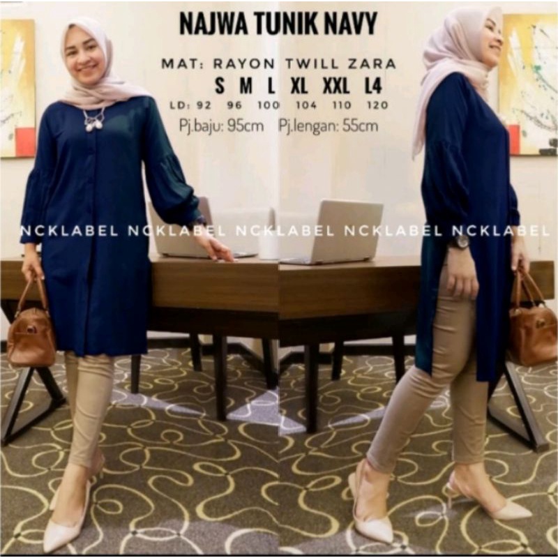 Najwa Tunik Atasan Wanita Muslimah Busui Bahan Rayon Twill Zara Size S, M, L, XL, XXL, L4 Original Nck Label