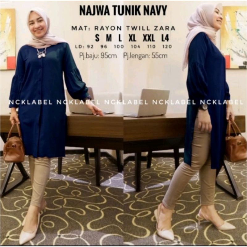 Najwa Tunik Atasan Wanita Muslimah Busui Bahan Rayon Twill Zara Size S, M, L, XL, XXL, L4 Original N
