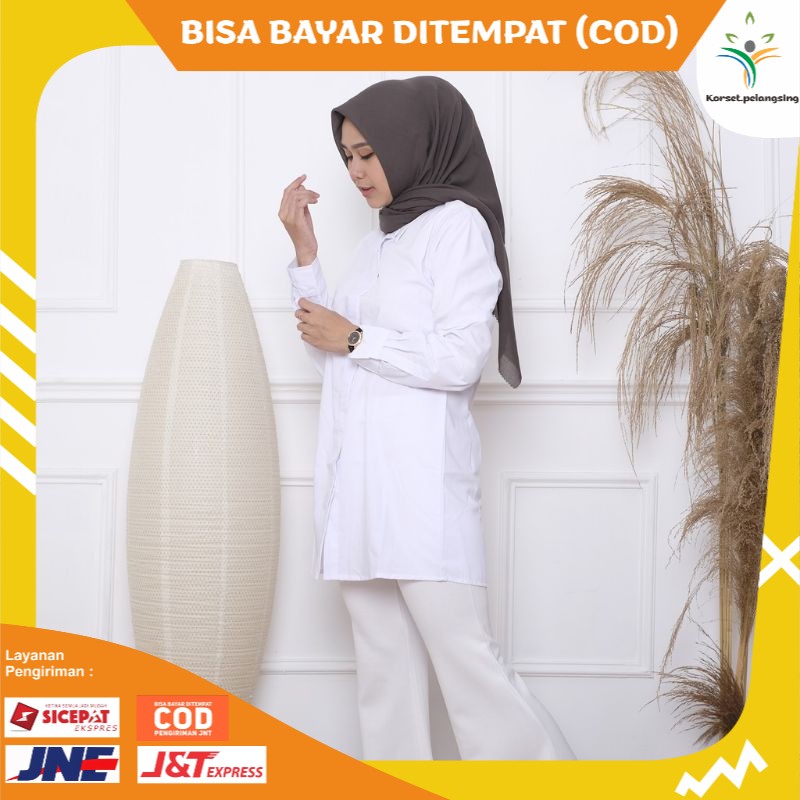 KP Kemeja Tunik Putih Wanita Lengan Panjang - Atasan Wanita Tunik Muslimah Panjang Nutupi Pantat Wan