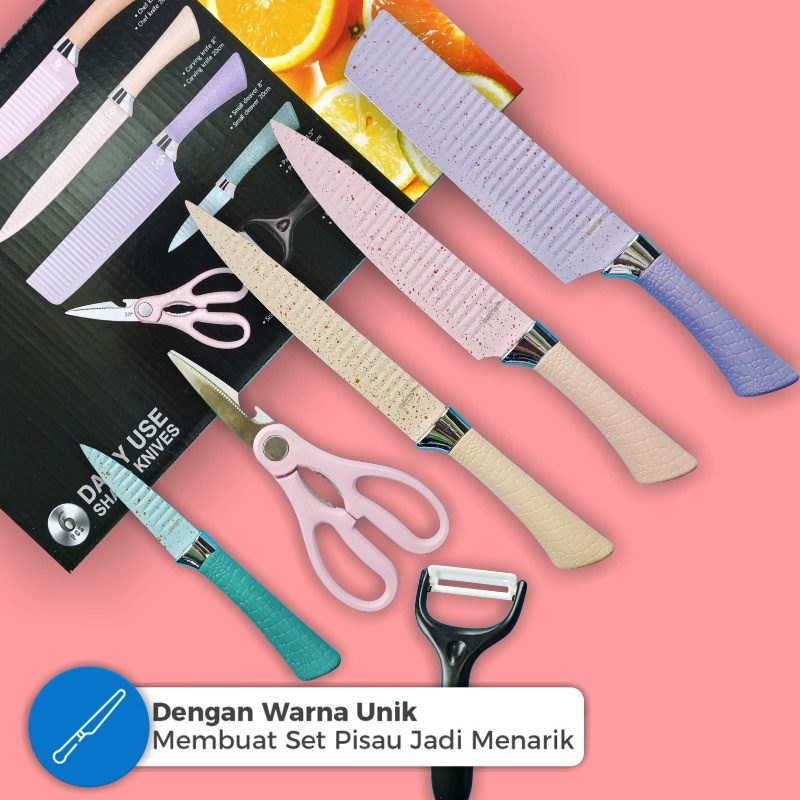 Pisau Set Isi 6 Pcs Multicolor Pisau Dapur Gagang Anti Slip Pisau Anti Karat Set Pisau Talenan 5 in 1 GOSHOP88