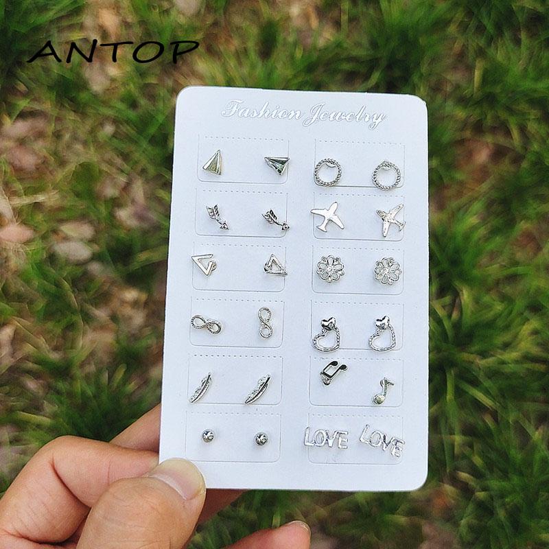 12 Pasang / Set Anting Tusuk / Stud Model Campur Bahan Silver Untuk Wanita